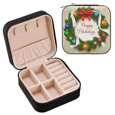 Imagem de Wassud Caixa de joias de viagem de guirlanda de Natal para mulheres, meninas, senhoras, noiva, mini organizador de joias de couro PU, caixa quadrada de armazenamento de joias para brincos, anéis
