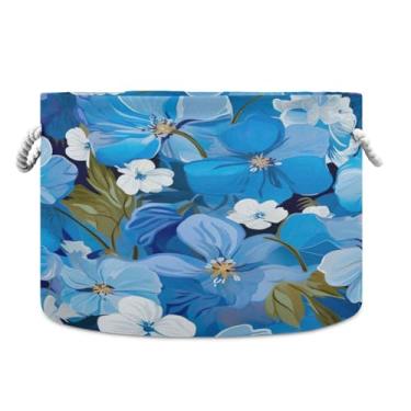 Imagem de WELLDAY Cesta de corda de algodão flores azuis cesta de lavanderia para bebê para sala de estar, lavanderia, berçário, travesseiros, decoração de casa