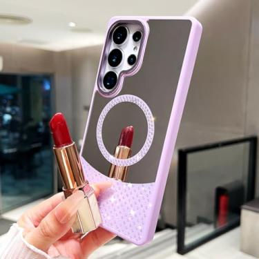 Imagem de HJZSZX Capa magnética com espelho de vaidade e glitter para Galaxy A26 (para Galaxy A26/roxa)