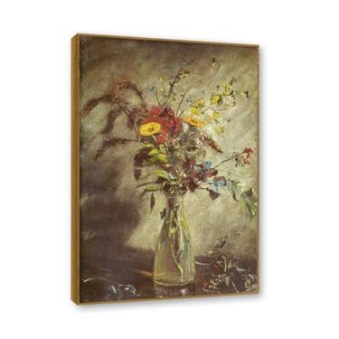 Imagem de Moldura de teca. Arte em tela romantismo estilo constável, (flores em um vaso de vidro), pintura de paisagem inglesa emoldurada, decoração de parede elegante para sala de estar escritório. 30x45cm