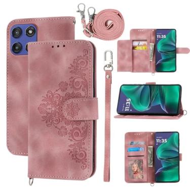 Imagem de Dswteny Capa carteira para Motorola Moto G Stylus 5G 2025 com alça de ombro transversal, couro em relevo, suporte para cartão de crédito, acessórios para celular G5 mulheres meninas rosa