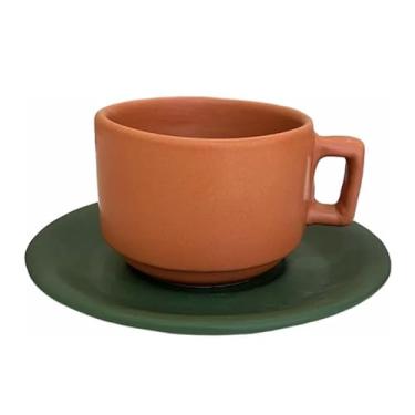 Imagem de Xícara de Chá c/Pires Cerâmica Rústica 200 ml (Terracota com Verde)