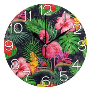 Imagem de GAIGEO Relógio de parede decorativo analógico relógio de cozinha rústico redondo sem tique-taque silencioso, decoração de parede vintage sala de estar flamingos rosa vívido folhas verdes, 25 cm