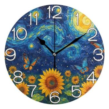 Imagem de Relógio de parede analógico decorativo operado por bateria para quarto e cozinha, decoração de parede retrô moderna art déco, flor floral amarela pastel, estrelada, 25 cm, ponteiros pretos