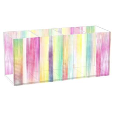 Imagem de TSENQUE Porta-lápis para mesa com listras verticais pastéis coloridas, porta-pincéis de maquiagem, copo de arte, escritório, organizador de escritório personalizado
