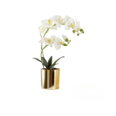 Imagem de DongAi Flor de orquídea artificial de 40 cm, cinto de cerâmica dourado, orquídea artificial, flor de seda, para decoração de casa, decoração de casa de banho, vaso de mesa, escritório, arranjos de