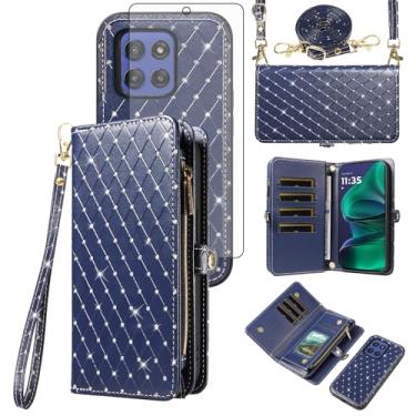 Imagem de Capa de celular para Motorola Moto G Stylus 5G 2025 com zíper destacável carteira celular com protetor de tela brilhante alça transversal com glitter flip porta-cartão slot G5 mulheres homens meninas