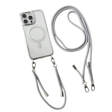 Imagem de Capa para iPhone 16, 15 Pro Max, 14, 13, 12 e 11, com cordão, alça de pulso, transversal, revestimento magnético, capa transparente, prateada, para iPhone 14