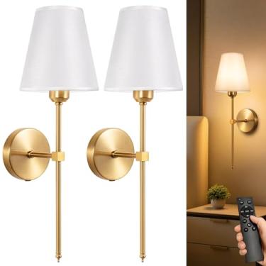 Imagem de Conjunto de 2 arandelas de parede operadas por bateria, luzes de parede recarregáveis com controle remoto, branco quente para frio, brilho ajustável, arandela sem fio com tecido de linho para