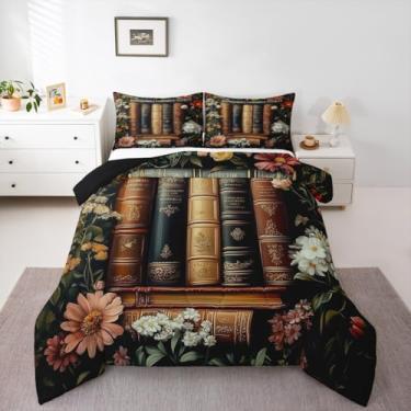 Imagem de Homewish Jogo de cama Queen com livros 3D, 3 peças, margarida retrô dos anos 70, para crianças, adolescentes e adultos, decoração de livro vintage, estilo rústico, edredom acolchoado com 2 fronhas