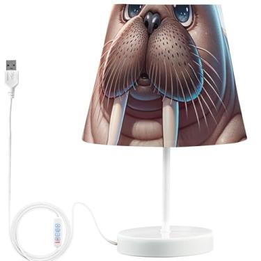 Imagem de TSENQUE Candeeiro de mesa personalizado com estampa engraçada, luminárias de cabeceira USB fofas para mesa de cabeceira, LED, regulável, lâmpada aconchegante para quarto de bebê, estampa fofa de morsa