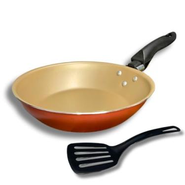 Imagem de Frigideira 20 cm Francesa Antiaderente Teflon com Espátula Nylon Cor Cereja e Bege Dourado