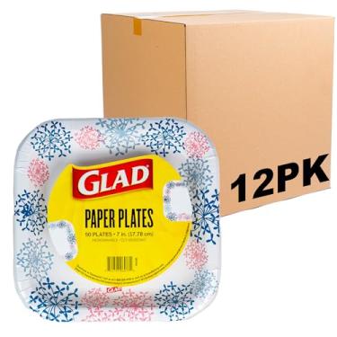 Imagem de Glad Pratos de papel descartáveis quadrados para todas as ocasiões, design de hortênsia rosa - à prova de imersão e corte, prato resistente a granel para micro-ondas - quadrado de 17 cm, 50 unidades