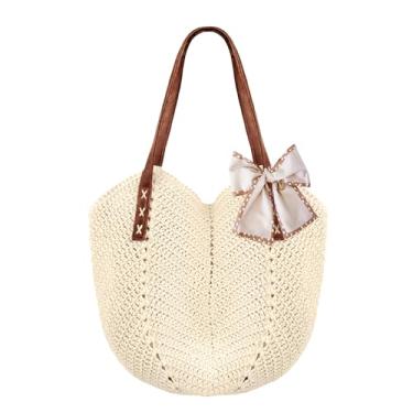 Imagem de Peicees Bolsa de crochê com forro à prova de vazamento para mulheres - bolsa de praia pequena Boho bolsa de ombro viagem de férias de verão, Bege