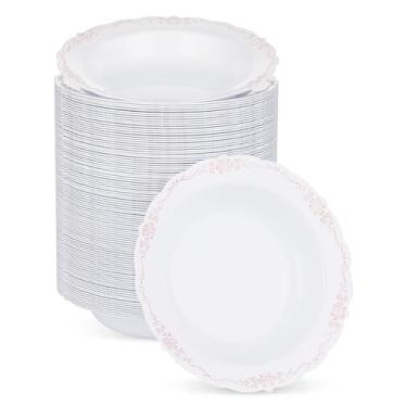 Imagem de Bestluck Pacote com 100 tigelas de plástico branco com borda em ouro rosa, tigela de sobremesa de plástico de 350 ml, tigelas descartáveis resistentes para sopa quente, sobremesa, salada, bolo