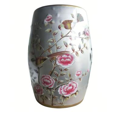 Imagem de LANYANZI Chinoiserie Banco de tambor de cerâmica – Banco decorativo de pássaro floral oco esmaltado, banquinho decorativo de porcelana para jardim, sala de estar ou varanda - peça de mobiliário de