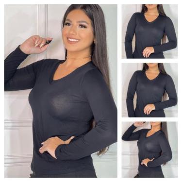 Imagem de Kit 4 Blusas de frio Feminina Gola V Manga Longa Segunda Pele - GK, Pr