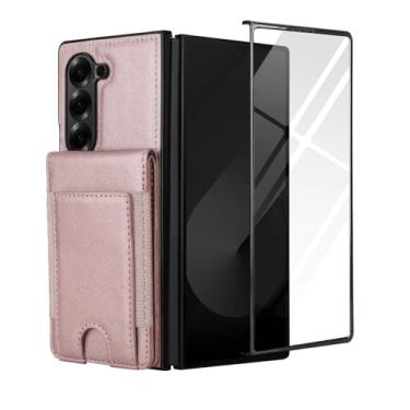 Imagem de Capa carteira para Samsung Galaxy Z Fold 6, com couro PU premium e compartimentos para cartão, suporte embutido, capa protetora de 360° para uso diário, inclui protetor de tela de vidro 9H (ouro rosa)