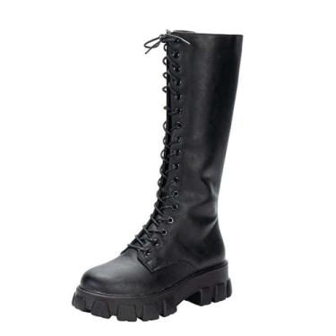 Imagem de Botas femininas de cano alto com sola grossa com cadarço, design elegante para inverno e roupas casuais, Preto, 39