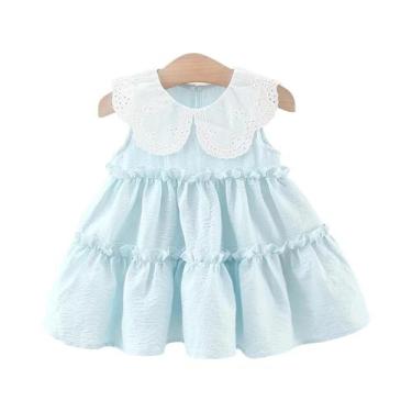 Imagem de Vestidos Casuais Sem Mangas Para Meninas Com Gola De Babados Cor Sólid