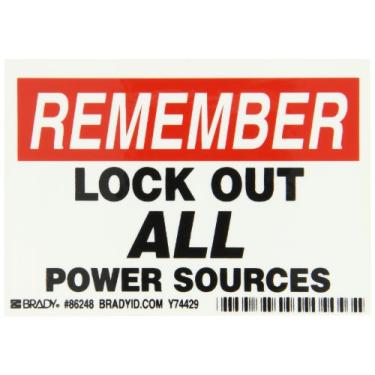 Imagem de Brady 86248 9,5 cm de altura, 12,7 cm de largura, B-302 poliéster de alto desempenho, preto e vermelho sobre branco etiquetas de máquinas e equipamentos, legenda "Lembre-se, bloqueie todas as fontes