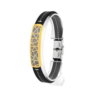 Imagem de Qing Birdee Pulseira minimalista de aço de titânio, couro preto com textura de dois tons, design rachado, 22 cm, One Size, Aço inoxidável, Sem Pedra Preciosa