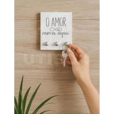 Imagem de Porta Chaves De Parede Pequeno Em MDF Multiuso - O amor mora aqui - A 
