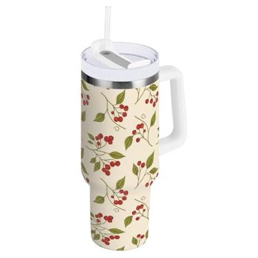 Imagem de SEHANY Copo de cereja fofo de 850 g com alça, copo isolado a vácuo de aço inoxidável de parede dupla, caneca de café à prova de vazamento, copo de viagem isolado cabe no suporte de copo de carro