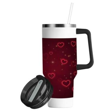 Imagem de ATTX Copo de rosas de dia dos namorados de 850 g com alça, copo de aço inoxidável a vácuo de parede dupla com palha, caneca de café de viagem isolada #354