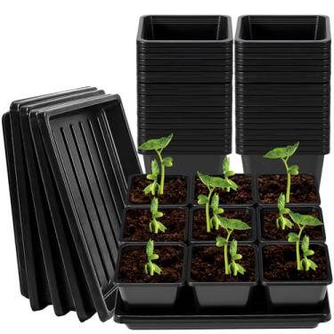 Imagem de NNG Vasos quadrados pretos para berçário de 9 cm, 50 peças, com 5 bandejas de plástico, kit de propagação de plantas, vasos de sementes quadrados, com orifícios de drenagem