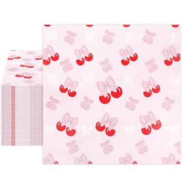 Imagem de 100 guardanapos de cereja com laço rosa, decorações de festa de aniversário, toalhas de mão descartáveis de 16,5 x 16,5 cm, guardanapos de papel de jantar para despedida de solteira, casamento, chá de