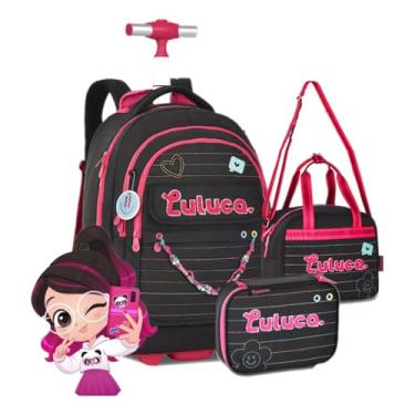 Imagem de Mochila da Luluca de Rodinha Kit com Estojo e Lancheira Térmica Escolar Juvenil Notebook Alça para das Costas Carrinho Preta