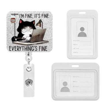 Imagem de Lianxuia Carretel de crachá engraçado de gato com 2 porta-crachás transparentes para identidade, I'm Fine It's Fine Everything is Fine, clipe de crachá retrátil, acessórios para enfermeiras