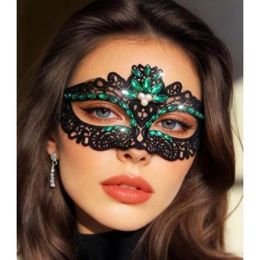 Imagem de Ursumy Women Masquerade Mask Lace Rhinestone Masks Costume Party Proms Face Mask for Costume Venetian Valentine's Day (Green)