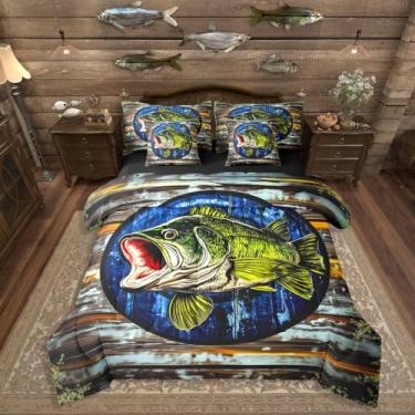 Imagem de Erosebridal Conjunto de edredom King Big Pike Fish com lençol de 7 peças, cama de pesca de robalo em uma bolsa, para meninos, adolescentes e adultos, conjunto de cama retrô rústico de fazenda