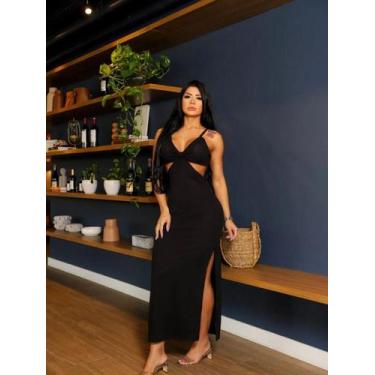 Imagem de Vestido longo vazado com detalhe e fenda na lateral - NoBrand, Preto, 