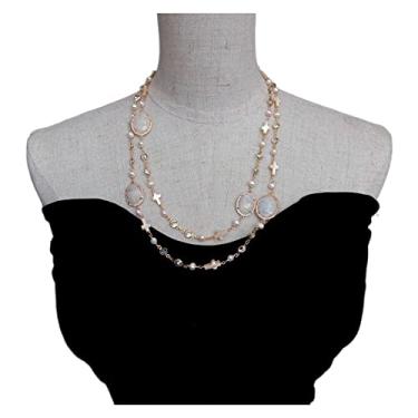 Imagem de DWBPGVUN Colar solitário de pedra da lua branca com cruz e rosário de pérola branca