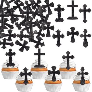 Imagem de 60 Pack Edible God Bless Religious Cupcake Toppers Faith Cake Toppers Rice Paper Wafer Paper Cupcake Picks for First Holy Communion Cross Baptism Baby Shower Kids Birthday Cake Decorations Black