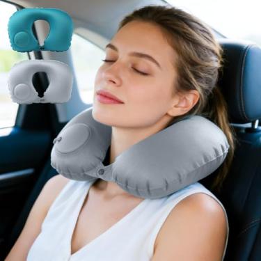 Imagem de Travesseiros portáteis de viagem, travesseiro inflável confortável em forma de U para levar aviões, carros e trens, Cinza