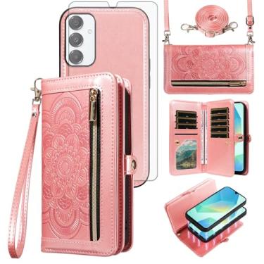 Imagem de Asuwish Capa de celular para Samsung Galaxy A16 5G/4G carteira com zíper destacável com protetor de tela de vidro temperado alça de pulso mandala flor porta-cartão de crédito A 16 16A SM-A166U