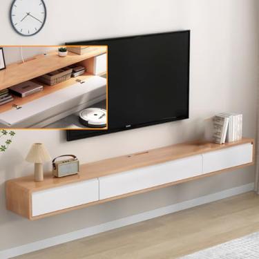 Imagem de Suporte de TV flutuante montado na parede - console de mídia moderno, armário de TV montado na parede com portas, centro de entretenimento elegante e prateleiras para sala de estar, design que