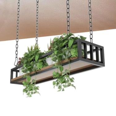 Imagem de Rack de exibição de vaso de flores para pendurar - Prateleira de madeira maciça e moldura de ferro para varanda, bar e floricultura - Organizador de trilhos interno/externo de 140 x 25 x 15 cm