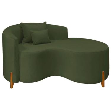 Imagem de Divã Recamier Curvo Sala De Estar Recepção Inglaterra 150cm Pés Madeira Lado Direito Linho Cor Verde