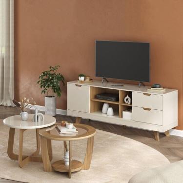 Imagem de Conjunto Sala de Estar Mesa de Centro Curve e Mesa de Centro Jasmin e Rack Michigan Carvalho/Off White