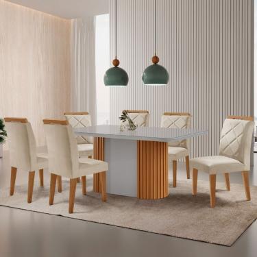 Imagem de Mesa De Jantar Aspen Tampo Mdf Vidro Canto 6 Cadeiras Veludo Creme/off/naturale/serig Off