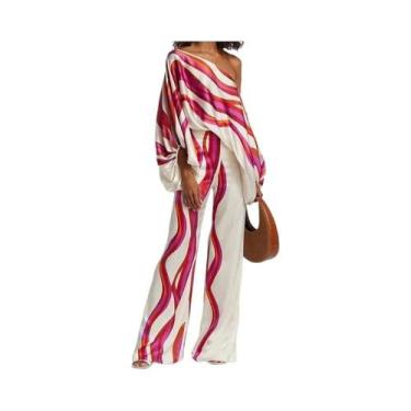 Imagem de Conjunto Feminino De Blusa De Seda Com Estampa, Ombros Descobertos E M