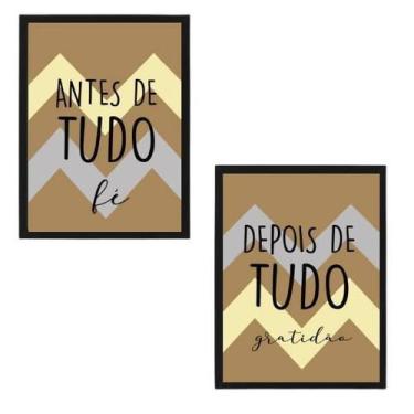 Imagem de Kit 2 Quadros Decorativos Fé E Gratidão - Chevron Marrom - Quadros On-