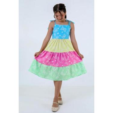 Imagem de Vestido Infantil Menina Candy Color Borboletas Rosa Azul Amarelo Verde
