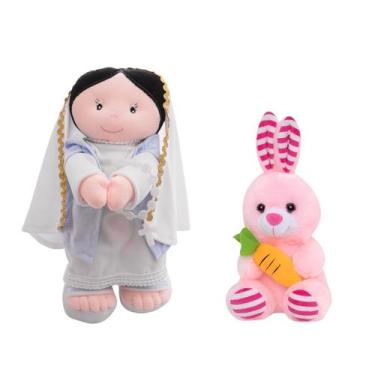 Imagem de Kit Boneco Jesus de Pano Antialérgico Religioso + Coelho de Pelúcia Br