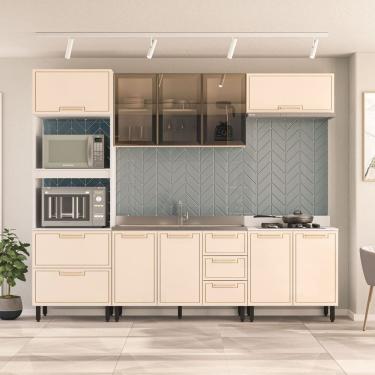 Imagem de Cozinha sem Rodapé Torre Quente Armário Cristaleira Aéreo Basculante Balcão Amara Creme/Branco